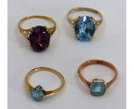 Four paste set rings, stamped 9ct, test as same, three size J-K, one size M1/2. Gross weight 9.2g. (4)