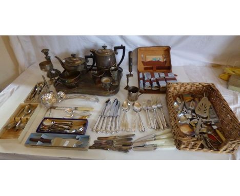 Quantity of silver plated items , to include a tea and coffee service on a tray , a mens travel case and a quantity of silver
