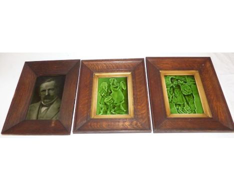 3 Victorian tiles mounted in oak frames . to include a portrait David Lloyd George , modelled by Geo Cartlidge , after photog