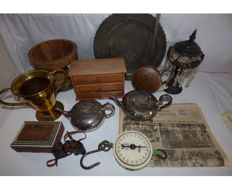 Mixed collection to include 2 Victorian silver plated teapots , pair of Slaters scale, brass vase , some ols newspaper pages 