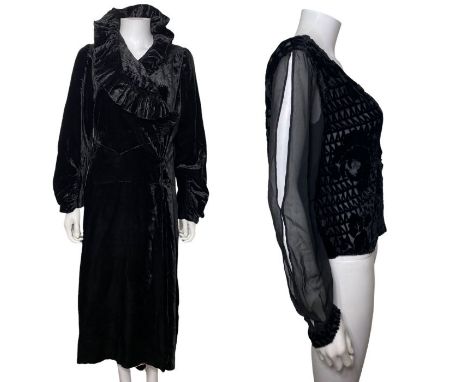 A velvet, early1930s evening coat with pleated stand up collar and deco seaming, a 1930s devore jacket with interesting cold 