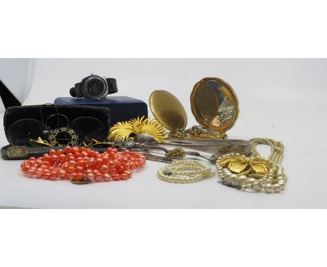 A group of costume jewellery, a boxed Timex watch, four pieces of silver plate and a boxed pair of spectacles. (q)