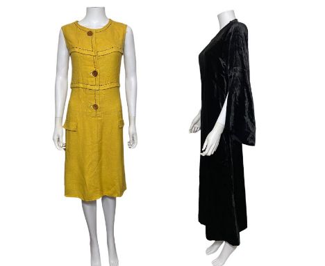 1930s and later clothing to include a satin jacket with thick shoulder pads, a mustard yellow dress in a linen like rayon vis