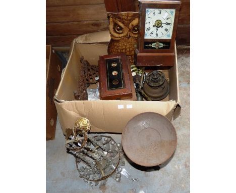 Various metalware to include Victorian brass mantle, Tudric pewter condiment set and toast rack (both af), Victorian oil lamp