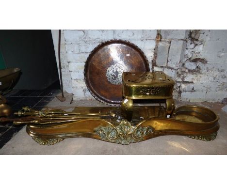 Brass fire fender , footman's stool , Fire companion set and a brass tray