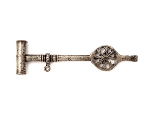 A RARE IRON WHEELOCK SPANNING-KEY, last half of the 16th century, approx. 7in. long with 'hammer' style head with different s