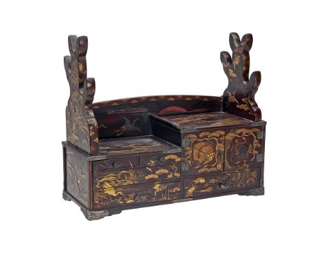 A RARE LACQUERED, GILDED AND INLAID JAPANESE SWORD STAND WITH INTEGRAL CABINET 'KATANA KAKE KO-HIKIDASHI', last quarter of th