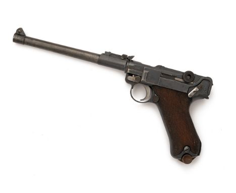 A 9mm (PARA) LUGER P08 LANGE or ARTILLERY SEMI-AUTOMATIC PISTOL, serial no. 8961, complete with holster and stockboard, dated