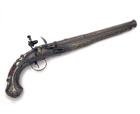 AN 18-BORE FLINTLOCK INDO-PERSIAN HOLSTER PISTOL SIGNED 'PARIS', no visible serial number, circa 1800, the earlier 11in. two-