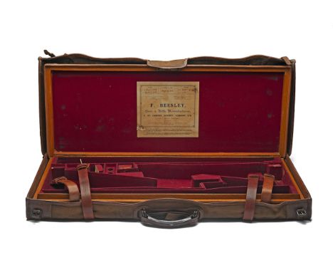 F. BEESLEY A BRASS-CORNERED OAK AND LEATHER DOUBLE GUNCASE, fitted for 29in. barrels (could adapt to 30in.), the interior lin