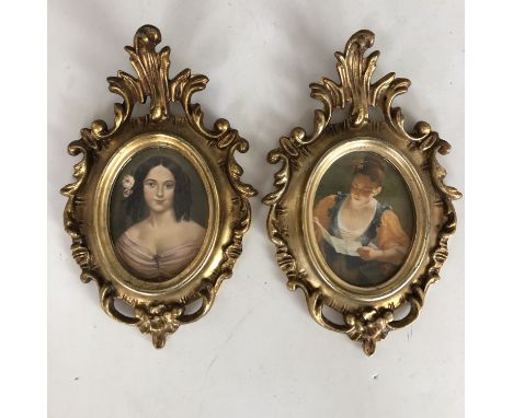 Two 20th century portrait miniatures in Rococo style gilt frames, each depicting a young lady, offset lithographs, 8 cm, (18 