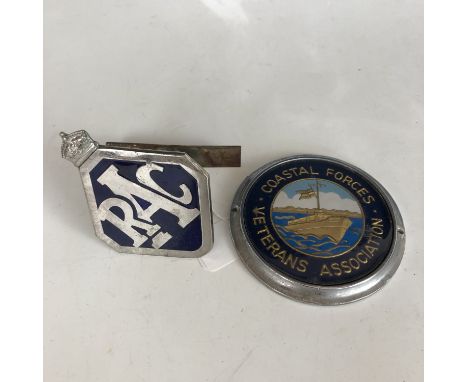 A vintage RAC car badge together with a Coastal Forces Veterans Association car badge  