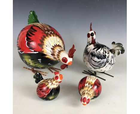 Two Galla 'Rocking Roosters' sprung ceramic ornaments and a salt and pepper pair, largest 27 cm high