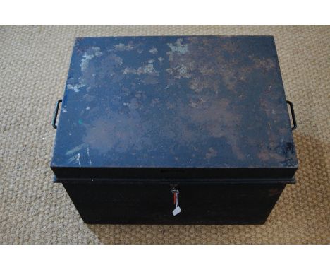 A steel trunk with key, 61 x 45 x 41 cm