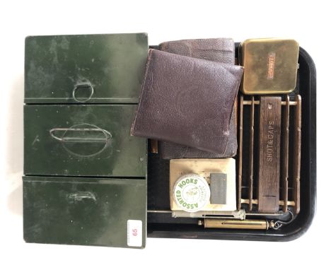 A quantity of vintage and other fishing equipment including two Salter spring balances, three cast wallets, 'The Wardlow Wond