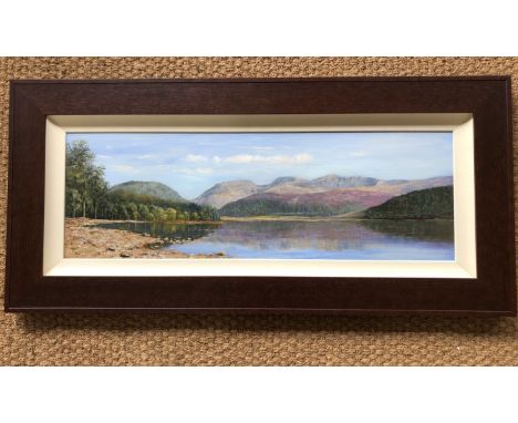 Jeff Sudders (b.1944) Ennerdale, sunny panoramic Lake District view, oil on board, in contemporary frame, 30 x 90 cm  Jeff Su