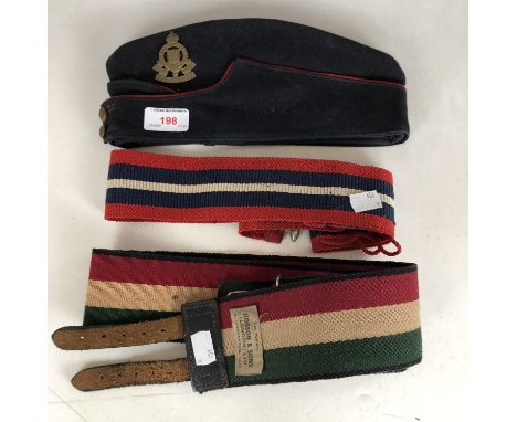 A Second World War Royal Army Ordnance Corps coloured Field Service cap, together with two stable belts