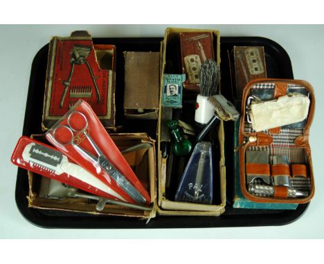 Vintage gentlemen's grooming tools / shaving blades, including cutthroat razors, safety razors and clippers etc