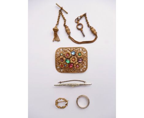 Vintage costume jewellery, including a 1930s gilt-metal filigree brooch set with paste stones, a gilt-metal watch chain, and 