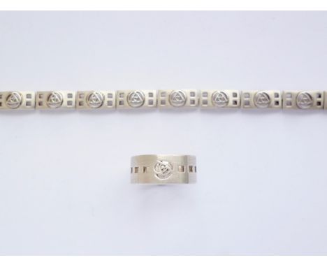 A contemporary Charles Rennie Mackintosh influenced silver bracelet and ring set, bracelet with British hallmarks, ring stamp