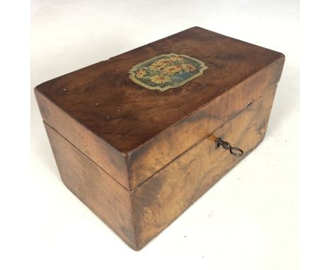 A 19th century walnut two-compartment tea caddy, with marquetry-style floral decal to the lid, 11.5 x 20 x 11 cm high