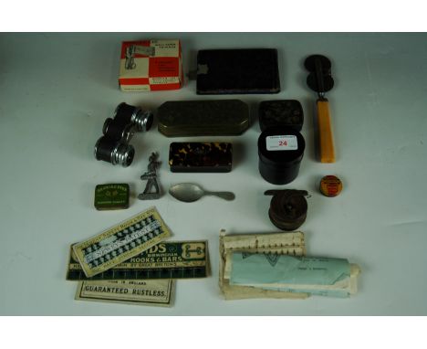 Sundry collectors' items including an 18th Century brass tobacco box, snuff box, sewing items etc