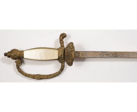 An early 20th century Spanish court/ceremonial sword:, with acid etched blade over a single shell with cast 'M2' and crown de