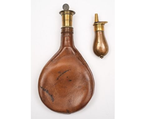 A small copper and brass pistol powder flask by Sykes:, together with a leather and brass shot flask also by Sykes:, (2).