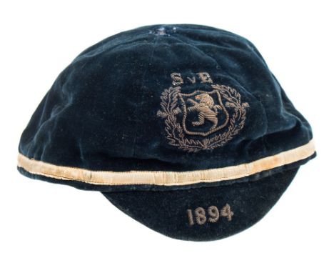 A Scottish League blue velvet International cap for Scotland Vs England 1894 presented to Jimmy Blessington:,  with embroider