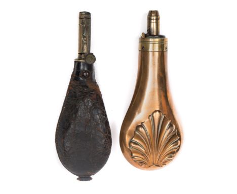 A copper and brass shot flask together with a leather shot flask:, both unsigned (2).