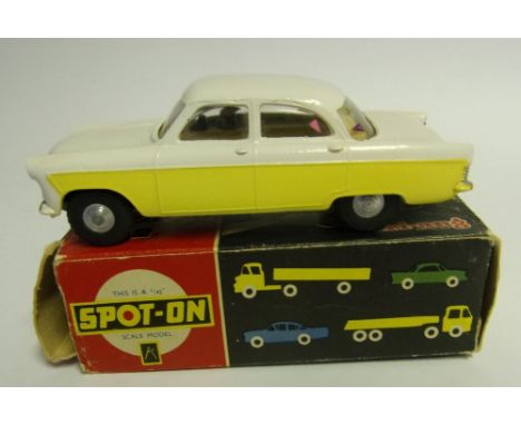 Spot-On Ford Zodiac Model 100/SL: with head and rear lights, Yellow/white body, with instruction leaflet, boxed (most tabs mi