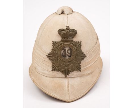 A late Victorian War Department issue pith helmet with Berkshire 49th Regiment of Foot helmet plate:, the helmet  with plain 