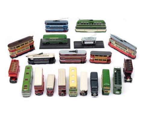 A collection of various trolley buses, coaches and double decker buses:, in various liveries, by Corgi, Oxford and other make