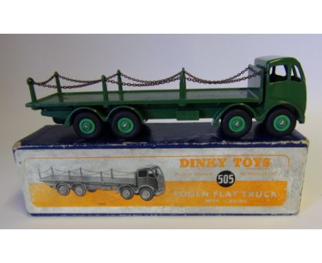 Dinky, No 505, Foden Flat Truck with Chains: all green body, light green hubs, 2nd type cab, in original box.
