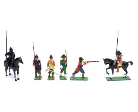 A collection  of handmade and hand painted English Civil War figures:, including a Mounted Cuirassier lancer in lobster tail 