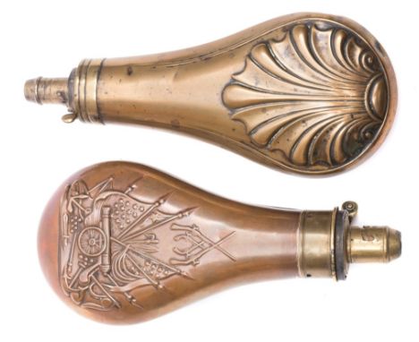 A copper and brass powder flask by G & J Hawksley with American militia decoration and one other copper and brass powder flas