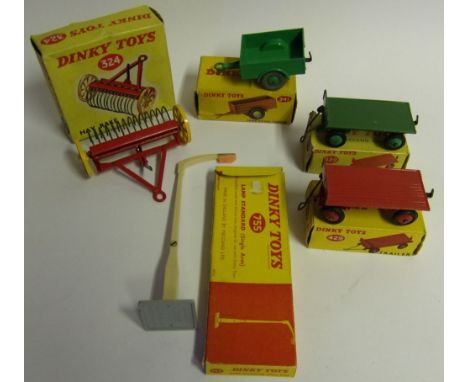 Dinky No 324 Hay Rake: No 341 Land-Rover Trailer, No429 Trailer x 2 , and No 755 Lamp Standard (single Arm) all boxed.