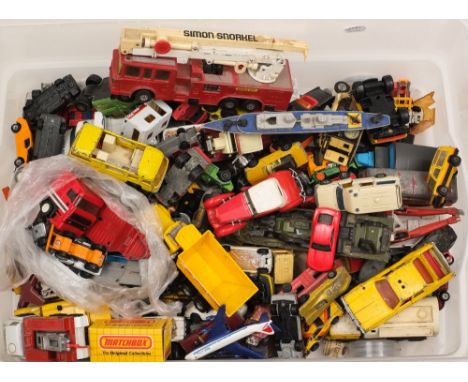 A collection of various Corgi, Matchbox and other vehicles:, including a Simon Snorkel fire engine and others (playworn)