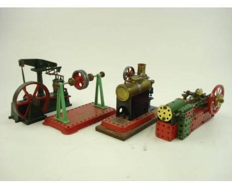 A Mamod live steam single piston stationary engine together with a four point flywheel by Mamod, a Meccano built horizontal e