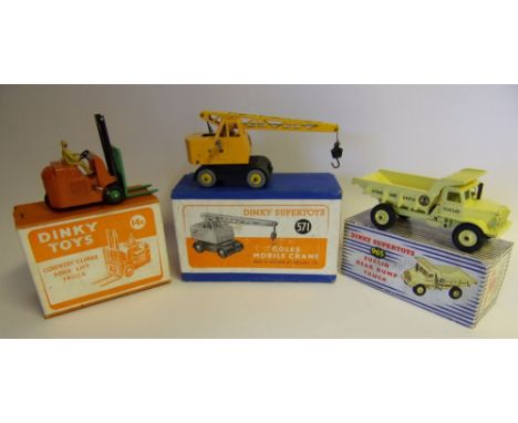 Dinky, No 965 Euclid Rear Dump Truck: pale yellow body and hubs, No 14C Coventry Climax Fork Lift Truck, orange body with gre
