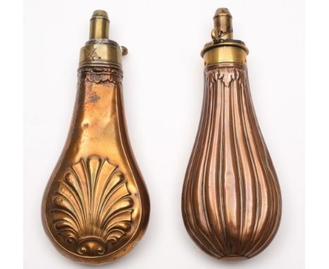 A copper and brass powder flask by G & J Hawksley and another example by  James Dixon & Sons:, (2)