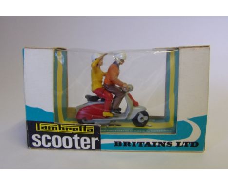  Britains, No 9685 Lambretta Scooter: pale grey and red with civilian rider and pillion passenger, boxed, slightly crumpled a