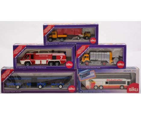 A Siku 1/55 scale model Airport Fire Engine:, together with a Hinged Bus, an MB -coach, a Unimog with tipper and a Refuse tru