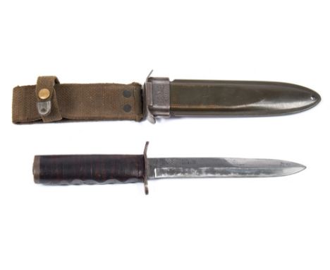 A WWII American M3 fighting knife by Kinfolks Inc:, the single edge blade with double edged tip stamped as per title to ricas
