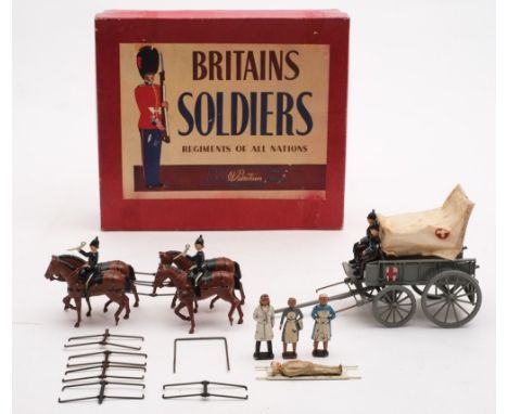A Britains 'Royal Army Medical Corps Horse Drawn Ambulance' set 145 (1956 version):, comprising four horse team with two driv