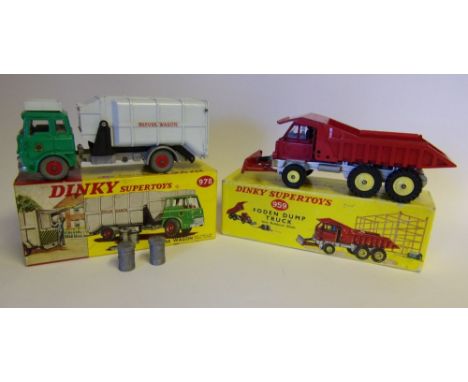 Dinky, No 978 Refuse Wagon with Tipping Action: green cab, light grey body with two dustbins, in original box together with D