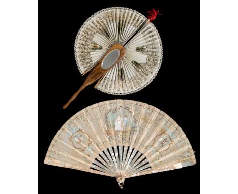 A late 19th century Italian Sorrento ware souvenir cockade fan: the paper leaf with printed floral panels and bordered with l