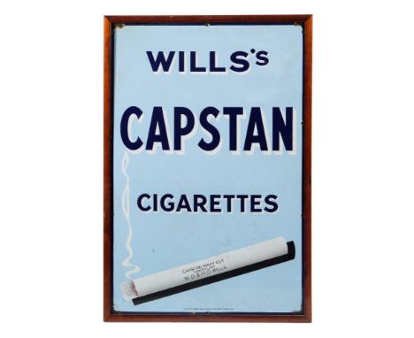 A mid-20th century enamel advertising sign for 'Wills Capstan cigarettes':, dark blue and white highlighted text over an imag