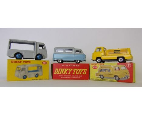 Dinky No 295 Atlas Bus: light blue/grey body, red interior, No 490 Electric Dairy Van, light grey body blue hubs and No 436 A