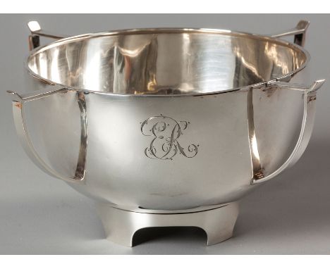 A GEORGE V SILVER BOWL, SHEFFIELD 1912, H.W., fold-over rim, with four applied C-form handles, plain body with engraved initi